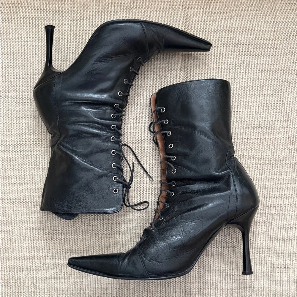 Gia Moretti leather pointed toe stiletto heel grommeted lace-up Boots Italian - Picture 5 of 17